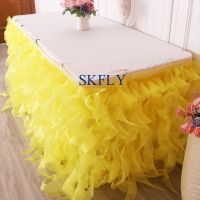 SK010E custom made wedding yellow organza curly willow table skirt with velcro