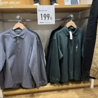 UNIQLO เสื้อยืดโค้ทแบบไม่มีซับในสำหรับหลวมสีอ่อนเสื้อโปโลไม่มีซับในสำหรับผู้ชายและผู้หญิงแขนยาวตัวตลกวันพักผ่อน452271