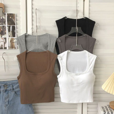 Korean version wide shoulder tank top for women in summer, solid color square neck, comfortable and versatile, with a chest pad and integrated bottom, can be worn externally  MBD7