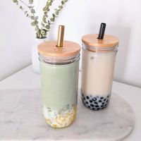 Mason Jars for Drinking Cup Bubble Tea Glass Cup with Bamboo Lid Reusable Glass Boba Smoothie Cup with Stainless Steel Straw Cup