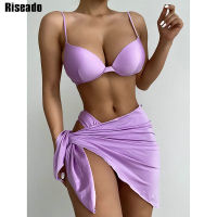 Riseado Push Up 3 Piece Bikini Set Solid Swimsuit Mesh Bathing Suit with Skirt Sexy Brazilian Biquini Women Swimwear 2022 Beach