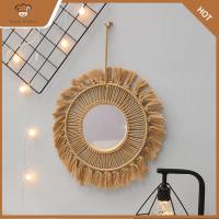 RESIGH FASHION ผ้าทอทอ กระจกแขวนตกแต่ง มาคราเม่ กลมกลมๆ Tapestry Mirror เครื่องประดับผ้าฝ้ายแท้ งานทำมือ กระจกติดผนัง ห้องนั่งเล่นห้องนอนตกแต่งบ้านอพาร์ตเมนต์