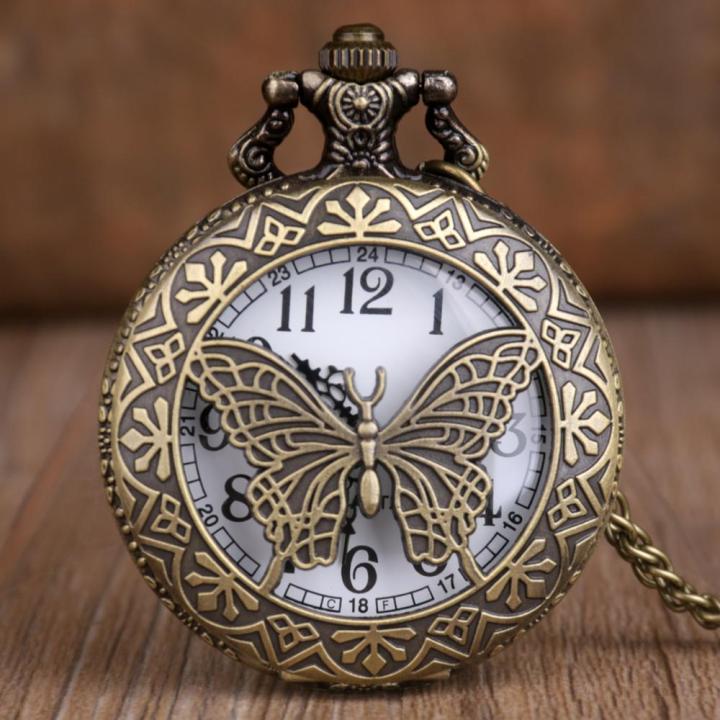 นาฬิกาควอทซ์แบบพกพาสำหรับผู้หญิงนาฬิกาลายฉลุผีเสื้อสีบรอนซ์จี้นาฬิกาสร้อยคอวินเเทจ