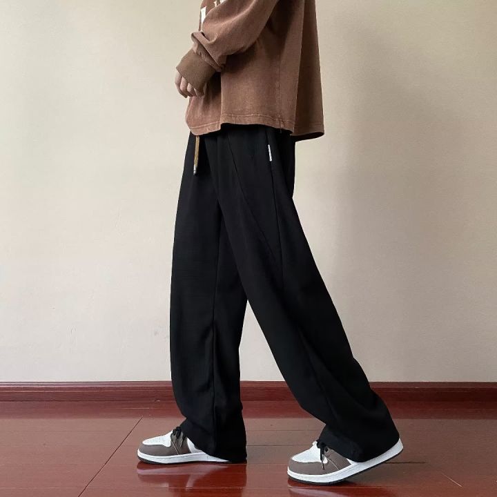 gmak930-แฟชั่นฮ่องกง-slacks-กางเกงขายาวผู้ชาย-m-xxl-ลำลองขากระบอกเกาหลี-เอวยืดใส่สบาย-มีเชือกปรับขนาดได้-สีดำ-น้ําตาล