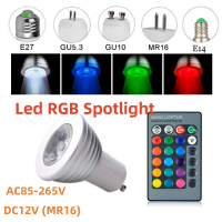 AC85-265V 12V MR16 E27 E14 GU10 GU5.3ไฟสปอร์ตไลท์ RGB 3W หรี่แสงได้ E27หลอดไฟ Led พร้อม24ปุ่มรีโมทหลอดไฟสำหรับของตกแต่งบ้าน