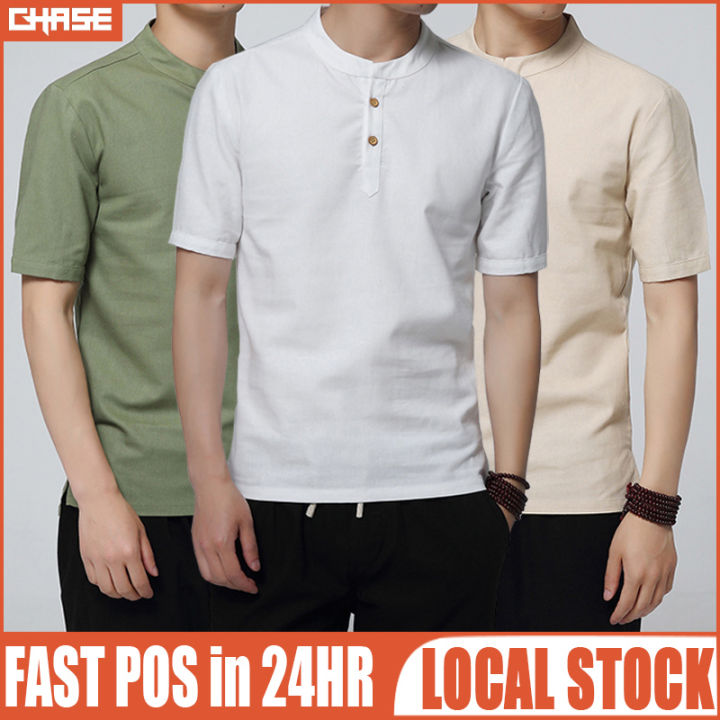 Men Linen Cotton Shirt Tops Mandarin Collar Slim Chinese T-shirt Pullover  Solid