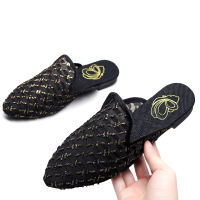 Veowalk Lace Mesh Women Pointy Toe Slippers Gold Silk Embroidered Summer Flat Mules Breathable Soft Ladies Indoor Home Shoes