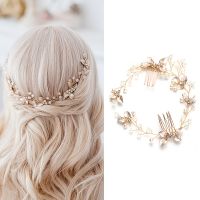 【YF】 Pearl Leaf Comb Headband Hair Accessories For Women Tiara Wedding on the head