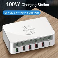 DDRR 100W PD อะแดปเตอร์เครื่องชาร์จ QC 6พอร์ต USB ที่ชาร์จแบบไร้สายแหล่งจ่ายไฟแบบพกพาอเนกประสงค์สำหรับ IPhone 14 13 12/Samsung/Huawei