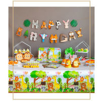 Woodland สัตว์ Tableware ลิงแผ่นถ้วยสิงโต Jungle Safari Theme Parti Happy Birthday Party Decor เด็ก1st