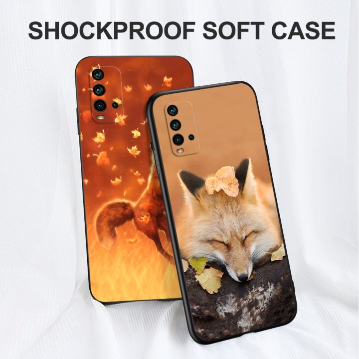 classy-for-xiaomi-redmi-9t-global-case-soft-silicon-back-cover-for-redmi-9t-6-53inch-phone-black-tpu-case-fox-autumn-leaves