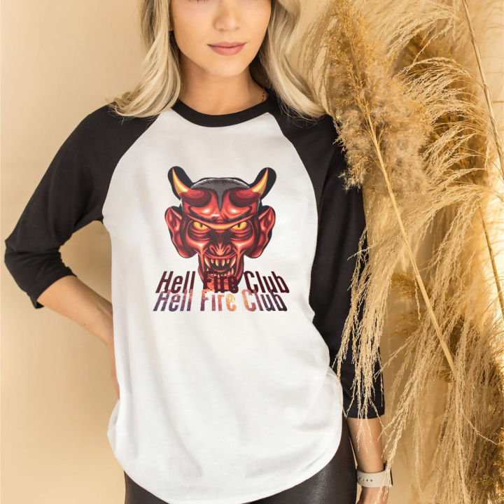 in-stock-hellfire-club-baseball-tee-34-แขนสามส่วนหัววัวรุ่นใหม่สไตล์ยุโรปและอเมริกาเสื้อกว้าง