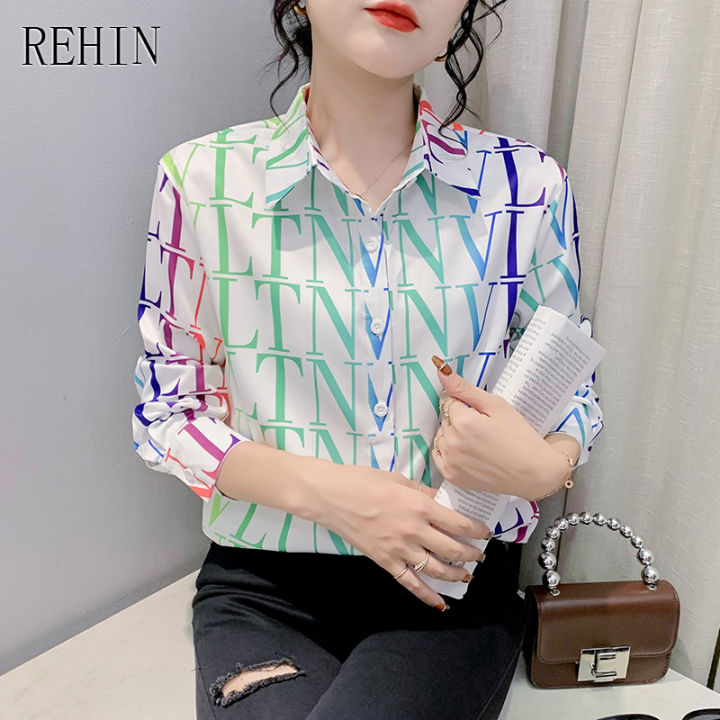 rehin-ของผู้หญิงฤดูใบไม้ร่วงและฤดูหนาวแฟชั่นใหม่พิมพ์เสื้อแขนยาวดอกไม้พิมพ์หลวมปกเสื้อชีฟองหรูหรา