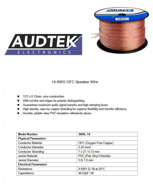 สายลำโพงเสียงดีจากอเมริกา-audtek-ofc-speaker-wire-สายลำโพงทองแดงบริสุทธิ์-อย่างดี-เบอร์-12-awg-และ-14-awg-เมตร