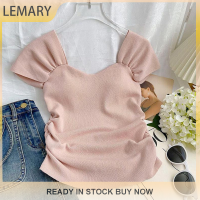 Lemary 2023แฟชั่นใหม่ล่าสุดสำหรับผู้หญิง,สีทึบเกาหลีคอเหลี่ยมบินแขนเสื้อยืดถักพอดีตัว