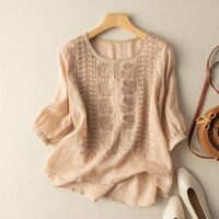 Womens Clothing Vintage Lace Embroidery Cotton Linen Shirt Summer Simple Casual O Neck Half Sleeve Blouses Irregular Loose Tops