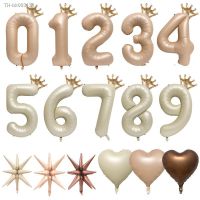 ☂∋ Beige Caramel Heart Balloons Crown Happy Birthday Baloons 1 2 3 4 5 6 Babyshower Number Foil Balloon Helium Baby Shower Globos