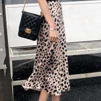 【CW】 Waist Leopard Print Skirt like Silk Elastic Mid A-line Skirts