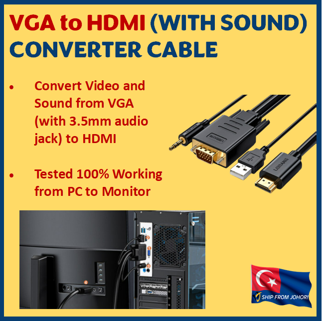 VGA To HDMI Cable With Sound 1M For PC NoteBook Projector Lazada