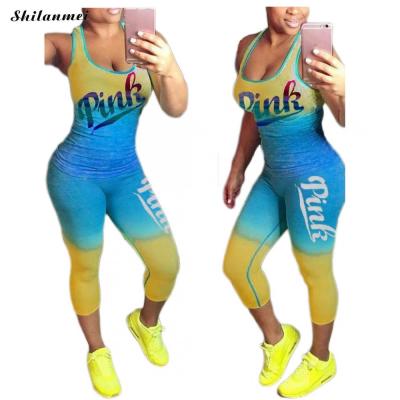 Plus Size 2 pcs Sets Women Pink Letter Print Summer Sets Blend T Shirt Tank Tops Skinny Pants Tracksuit Causal Skinny Sport Sets