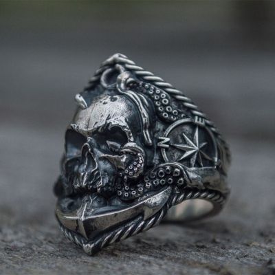 Retro Silver สีผู้ชาย Gothic Skull Biker แหวน Pirate Anchor เข็มทิศแหวนสแตนเลสชาย Punk Rock เครื่องประดับขนาด7-13