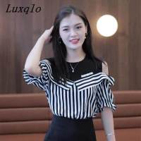 Luxqlo เสื้อเบลาส์เปิดไหล่ผู้หญิง,เสื้อลำลองทรงหลวมไซส์ใหญ่แขนสั้นลายทางเสื้อเชิ้ตสไตล์เกาหลี