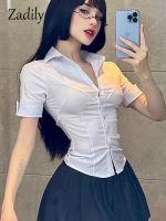 Zadily 2022 Summer Sexy Slim Short Sleeve White Shirt Women Button Tie Ladies Blouse Office Cosplay New In Female Clothing Tops