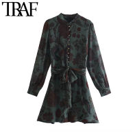 TRAF Women Chic Fashion With Belt Floral Print Mini Dress Vintage Long Sleeve Front Buttons Female Dresses Vestidos Mujer