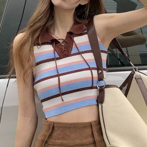 เสื้อกั๊กคอวีเสื้อโปโลลายถักสำหรับผู้หญิง-เสื้อกันหนาวแบบสวมหัววินเทจของเด็กผู้หญิงเผ็ด2023แฟชั่น-miss-pni-ฤดูร้อน