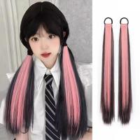 LECHANG 2Pcs ไฟเบอร์ทนความร้อน วิกผมหางม้า สีชมพูอมชมพู การต่อผม วิกผมหางม้าคู่ อุปกรณ์เสริมผม ขนปุยฟู วิกผมยาวตรง ผู้หญิง/เด็กผู้หญิง