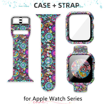 นาฬิกา Apple ดีไซน์แฟชั่นฟิล์มติดเครื่องกระจกนิรภัยป้องกันทุกสัดส่วน + สายสำหรับนาฬิกา Apple ซีรีส์7 6 SE 5 4 3 2 1สายรัดข้อมือซิลิโคนพิมพ์ลายสำหรับสายนาฬิกา Apple ขนาด45มม. 41มม. 40มม. 44มม. 42มม. 38มม.