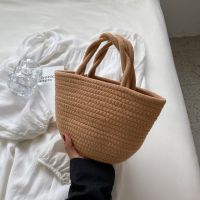 Summer woven bag seaside beach vacation grass woven bag female 2022 new 2023 cotton thread vegetable basket handbag 【QYUE】