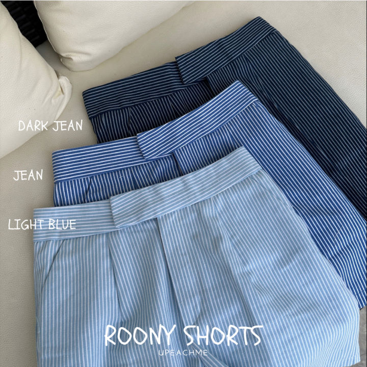roony-shorts-i-กางเกงยีนส์ขาสั้นลายทาง-กางเกงเดนิมลายทางขาสั้นสไตล์มินิมอลเกาหลี-ยีนส์สั้นลายทาง-เดนิมสั้นเอวสูง