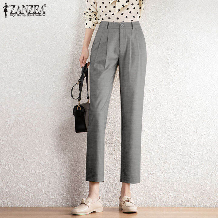 Zanzea Korean Style Women Elegant Elastic Waist Pleated Trousers Formal Workwear Long Pants 7421