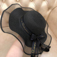 New Korean Style Woman Straw Gauze Joint Bow Ribbon Large Brim Sunshade Ins Celebrity Outing Fashion Beach Holiday Glacier Hat