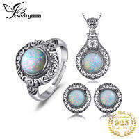 JewelryPalace Vintage Cabochon Created Opal Pendant Necklace Open Adjustable Rings Stud Earrings 925 Sterling Silver Jewelry Set