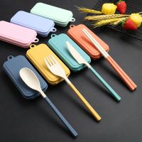 Wheat Straw Dinnerware Set Portable Tableware Knife Fork Spoon Chopsticks Set Travel Cutlery Set Eco-Friendly Utensil Box Flatware Sets