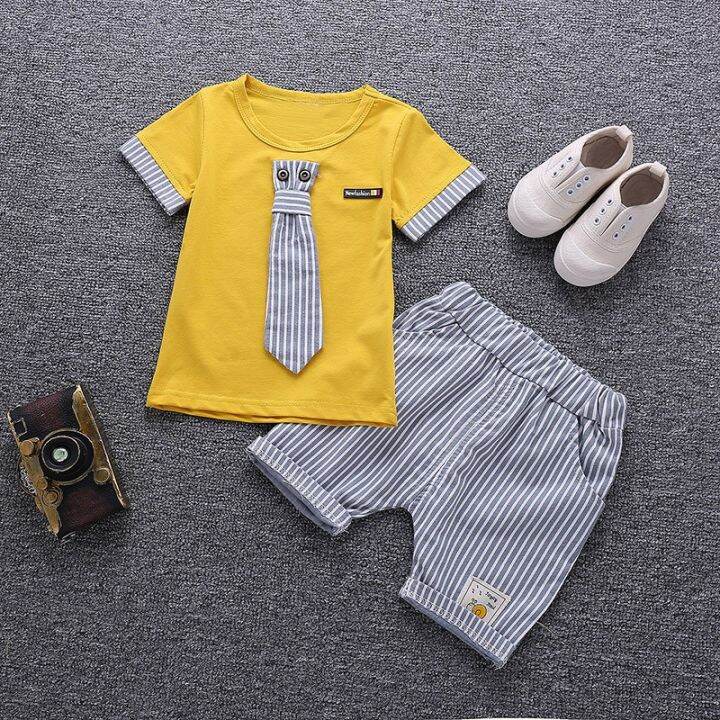 kids-boy-fake-tie-short-sleeve-cotton-t-shirt-stripe-shorts