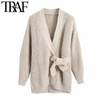 2021TRAF Women Fashion With Tied Loose Wrap Knit Cardigan Sweater Vintage V Neck Long Sleeve Female Outerwear Chic Tops