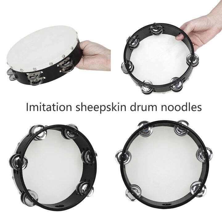 2pcs-double-row-tambourine-พร้อมเชือกไม้-entertainment-tambour-grip-ability-with-handle-round-hole-orff-musical-instruments