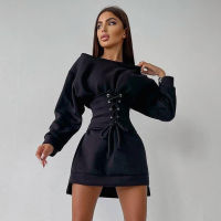 Corsets Hoodies Dress for Women Lace Up Slash Neck Casual Workwear Office Lady Drawstring Elegant Slim Dresses Fall Winter