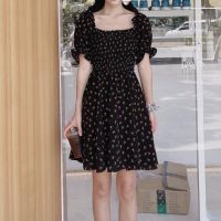 Platycodon French r square collar Bubble Sleeve Chiffon floral bubble sleeve dress