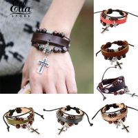 สร้อยข้อมือ Cross Pendant Multilayer Beaded กำไลข้อมือหนัง Faux