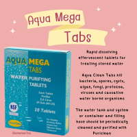 Clean Tabs Aqua Clean Mega Tabs เม็ดฟู่ละลายเร็วสำหรับบำบัดน้ำที่เก็บไว้  Aqua Clean Tabs ฆ่าเชื้อแบคทีเรีย สปอร์ ซีสต์ สาหร่าย เชื้อรา โปรโตซัว ไวรัส