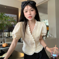 Ruffle V-Neck Puff Sleeve Shirt Womens Summer Design Sense Niche French Chic Waist Trimming Short Sweet Top