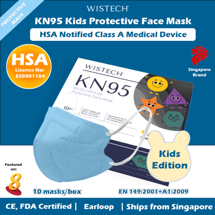 (Blue) Wistech KN95 Kids Protective Face Mask, 10 pieces, HSA Notified