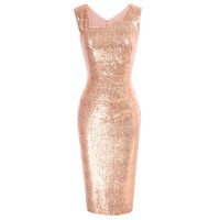 ZZOOI BP Women 1950S Vintage Sequined Party Dress Sleeveless Asymmetric V-Neck Bodycon Dress Ruched Formal Cocktail Party Dresses A30