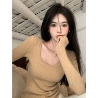 original Uniqlo NEW U-neck elastic bottoming sweater for women autumn Korean version 2023 new slim fit and collarbone exposed long-sleeved top ins