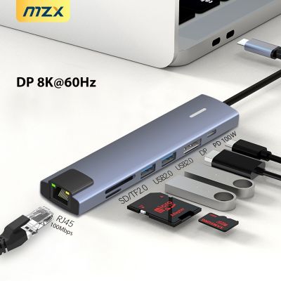 MZX 7-In-1 DP 8K 60Hz 4K แท่นวางมือถือ USB Type C อะแดปเตอร์ตัวรวมช่องสัญญาณฮับตัวขยายแท่นการ์ดความจำแล็ปท็อป PC เครื่องอ่านการ์ด