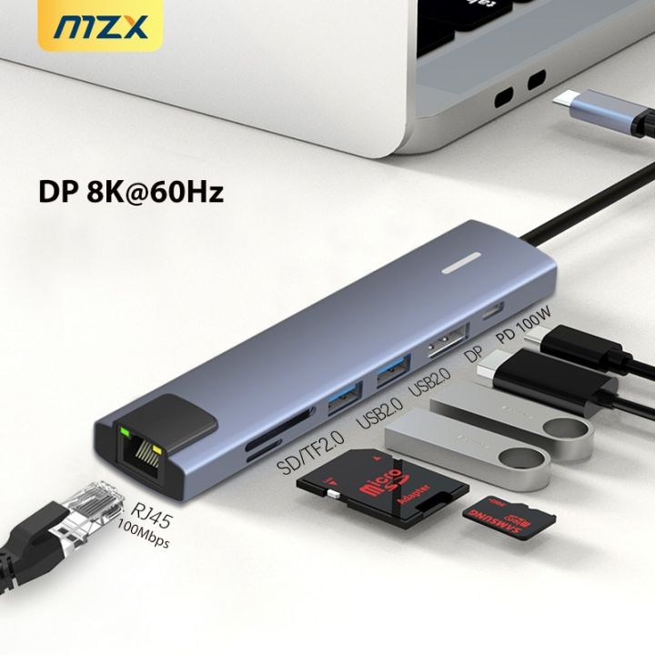 mzx-7-in-1-dp-8k-60hz-4k-แท่นวางมือถือ-usb-type-c-อะแดปเตอร์ตัวรวมช่องสัญญาณฮับตัวขยายแท่นการ์ดความจำแล็ปท็อป-pc-เครื่องอ่านการ์ด